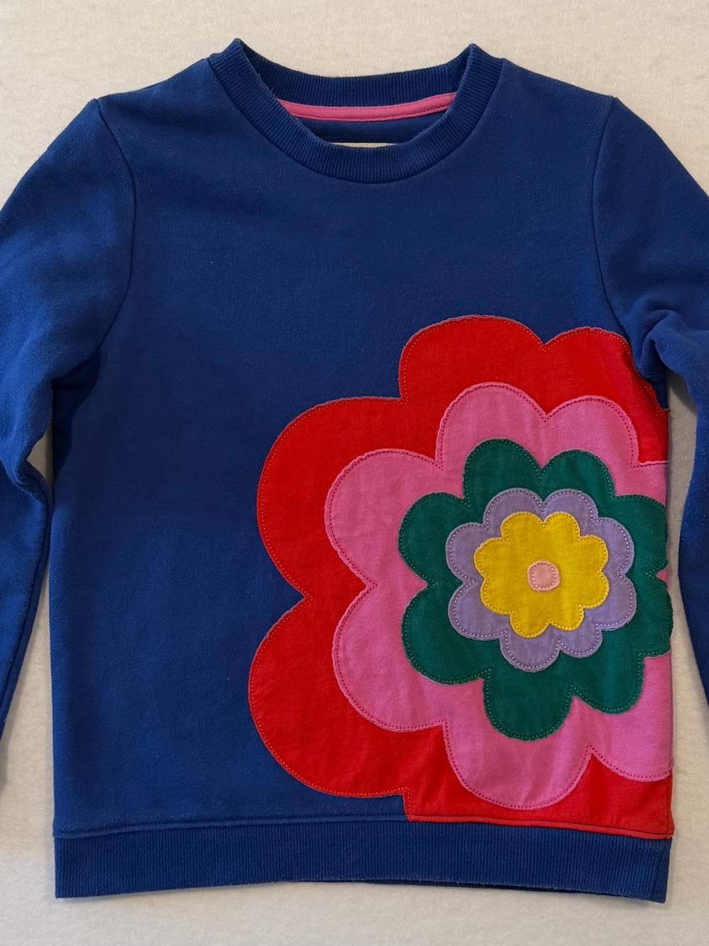 Mini Boden Girls Size 7-8Y Blue Pullover Sweatshirt Floral Appliqué